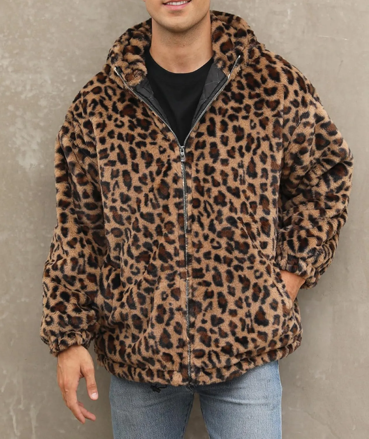 SOMTHRON Men's Faux Fur Leopard Hooded Jacket Shaggy Coat Zip Up Winter Warm Fluffy Furry Parka Overcoat