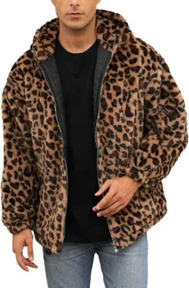SOMTHRON Men's Faux Fur Leopard Hooded Jacket Shaggy Coat Zip Up Winter Warm Fluffy Furry Parka Overcoat