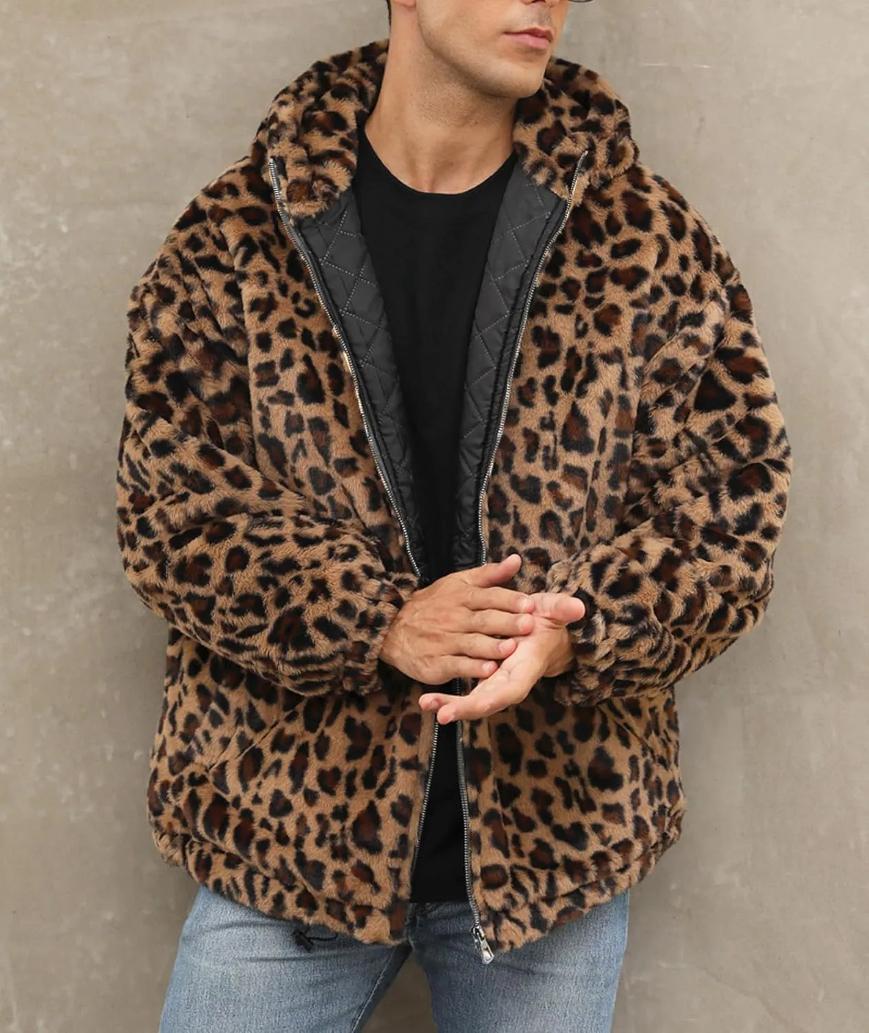 SOMTHRON Men's Faux Fur Leopard Hooded Jacket Shaggy Coat Zip Up Winter Warm Fluffy Furry Parka Overcoat