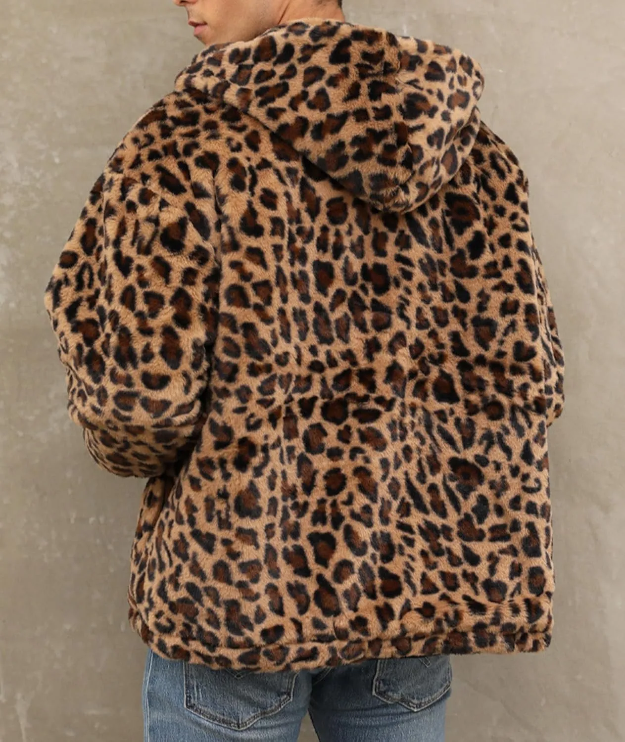 SOMTHRON Men's Faux Fur Leopard Hooded Jacket Shaggy Coat Zip Up Winter Warm Fluffy Furry Parka Overcoat