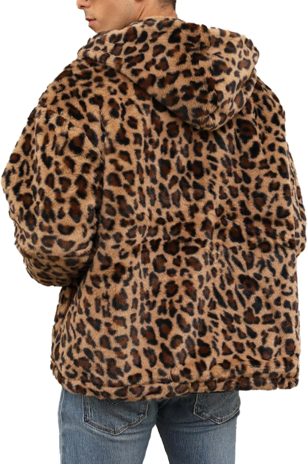 SOMTHRON Men's Faux Fur Leopard Hooded Jacket Shaggy Coat Zip Up Winter Warm Fluffy Furry Parka Overcoat