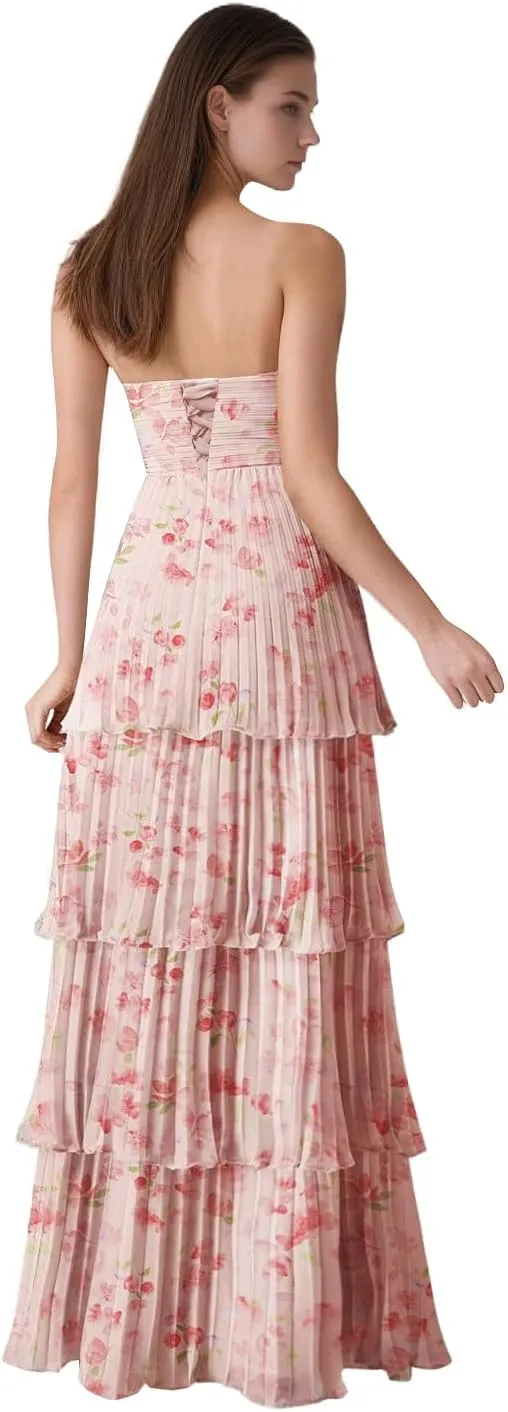 Strapless Floral Prom Dresses for Women Long Ruffle Chiffon Tiered Formal Evening Gowns