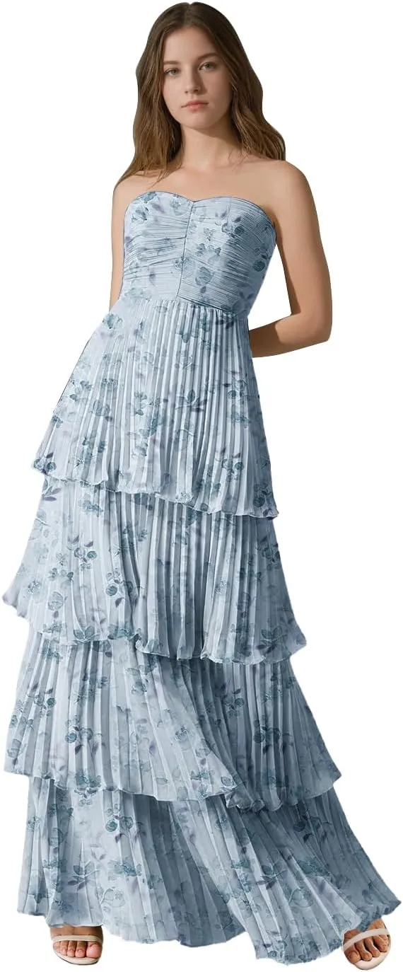 Strapless Floral Prom Dresses for Women Long Ruffle Chiffon Tiered Formal Evening Gowns