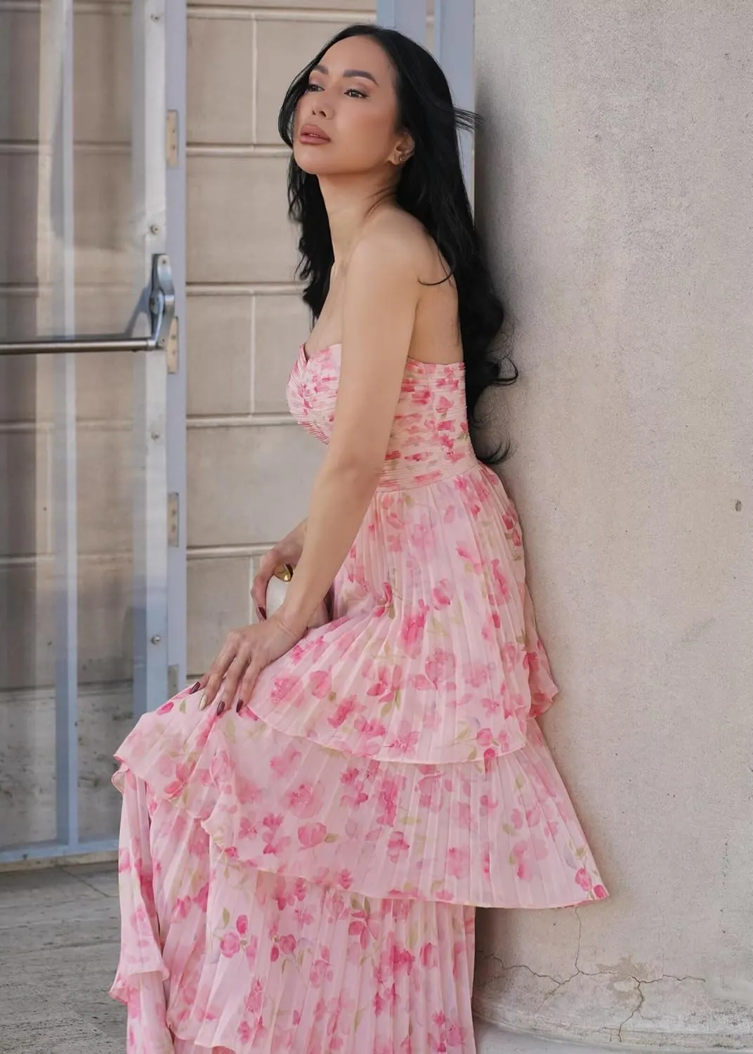 Strapless Floral Prom Dresses for Women Long Ruffle Chiffon Tiered Formal Evening Gowns