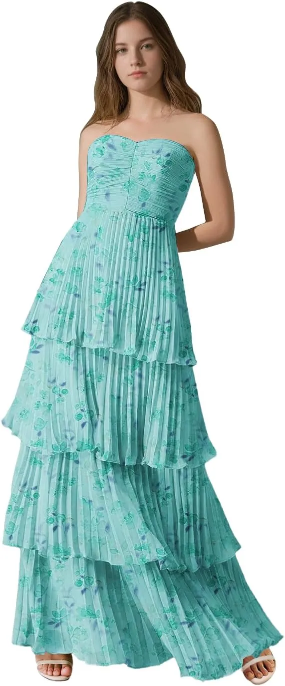 Strapless Floral Prom Dresses for Women Long Ruffle Chiffon Tiered Formal Evening Gowns