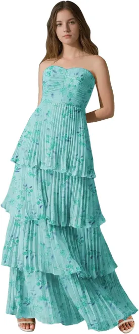 Strapless Floral Prom Dresses for Women Long Ruffle Chiffon Tiered Formal Evening Gowns
