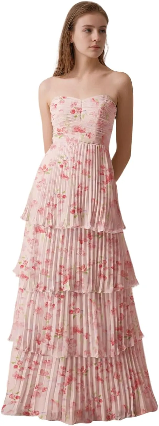 Strapless Floral Prom Dresses for Women Long Ruffle Chiffon Tiered Formal Evening Gowns