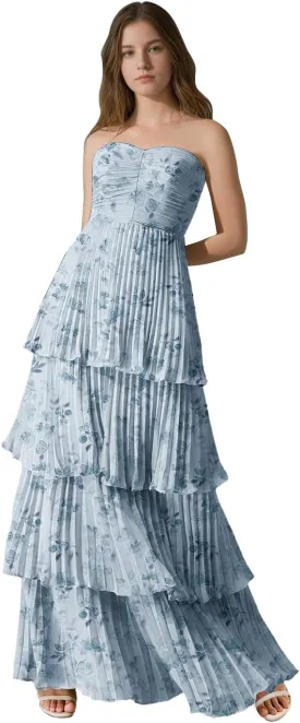 Strapless Floral Prom Dresses for Women Long Ruffle Chiffon Tiered Formal Evening Gowns