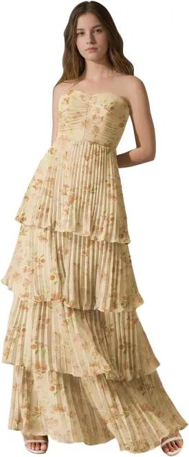 Strapless Floral Prom Dresses for Women Long Ruffle Chiffon Tiered Formal Evening Gowns