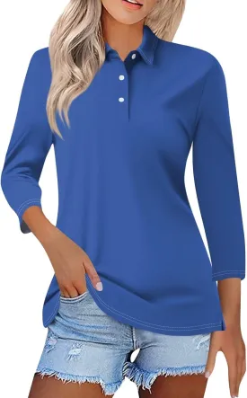 Striped Button Down Shirt Women,3/4 Sleeve Tops V Neck Work Polo Blouses Dressy Casual Collared Elbow Sleeve Tunic