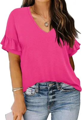 TIYOMI Plus Size Tops for Women Ruffle Shirts Button Short Sleeve Summer V Neck Tunics XL-5XL