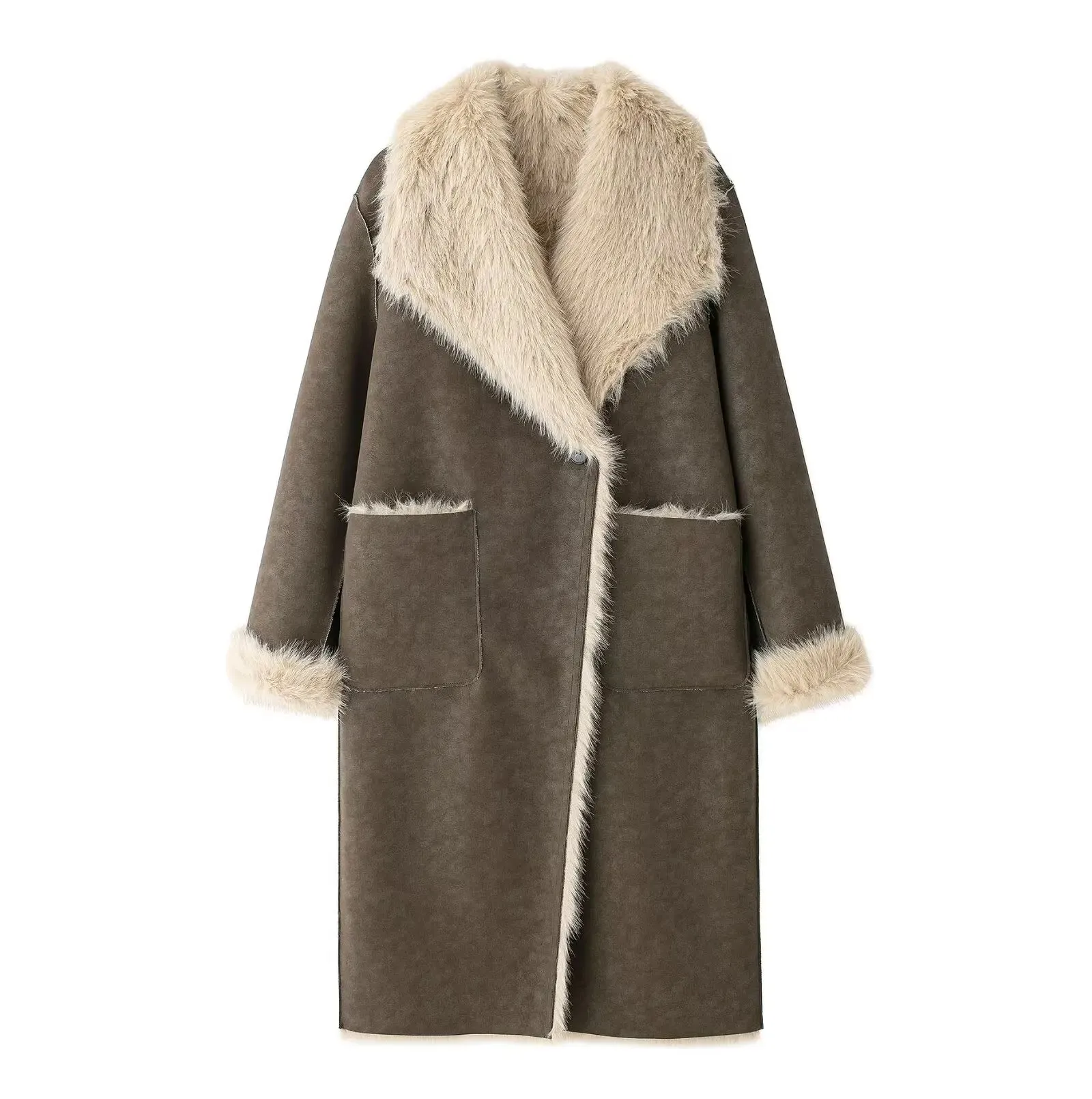 TRAFZA Frauen Elegante Taste Tasche Schmücken Lose Oberbekleidung Frau Herbst Winter Ein Langarm Revers Vintage Mäntel Mujer
