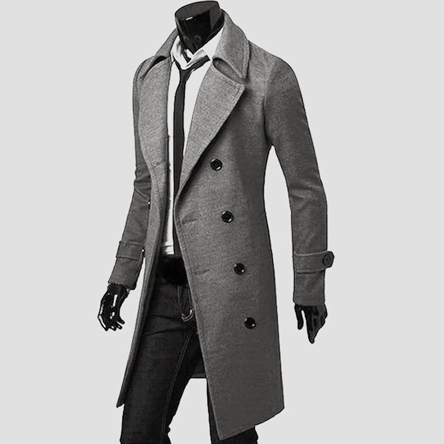 Trench Coats Men Winter,Wool Blend Slim Fit Lapel Double Breasted Pea Coat Classic Business Full Length Windbreaker