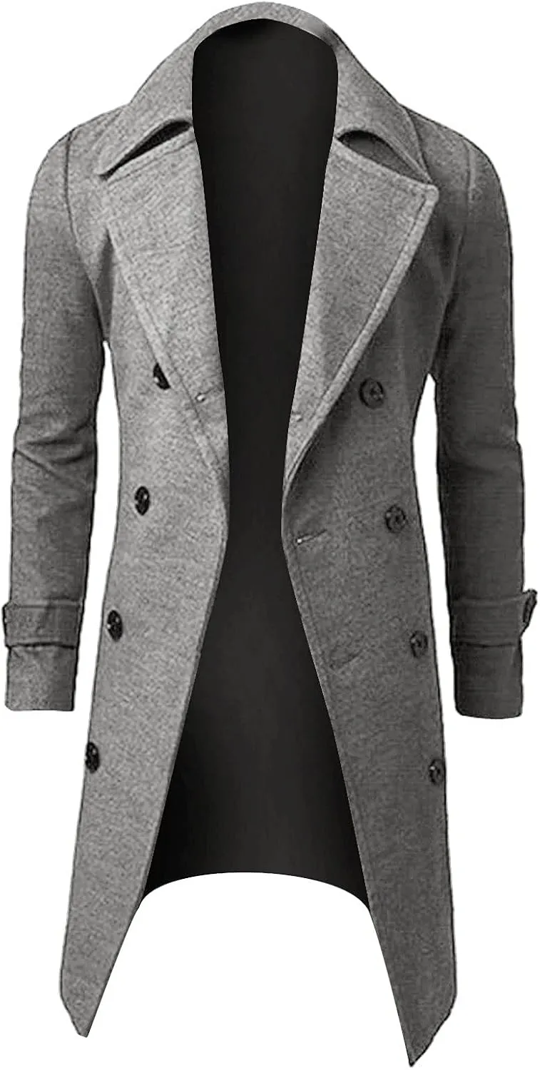 Trench Coats Men Winter,Wool Blend Slim Fit Lapel Double Breasted Pea Coat Classic Business Full Length Windbreaker