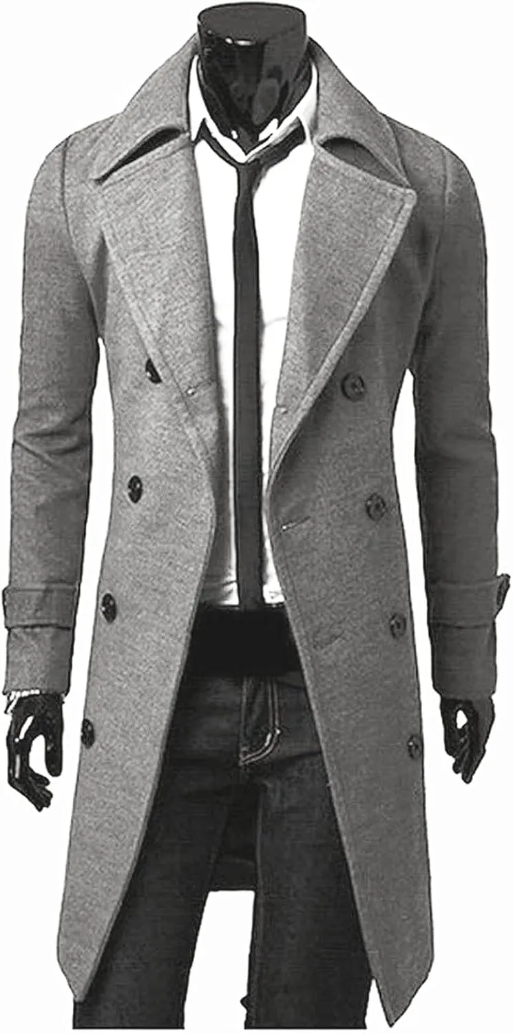 Trench Coats Men Winter,Wool Blend Slim Fit Lapel Double Breasted Pea Coat Classic Business Full Length Windbreaker
