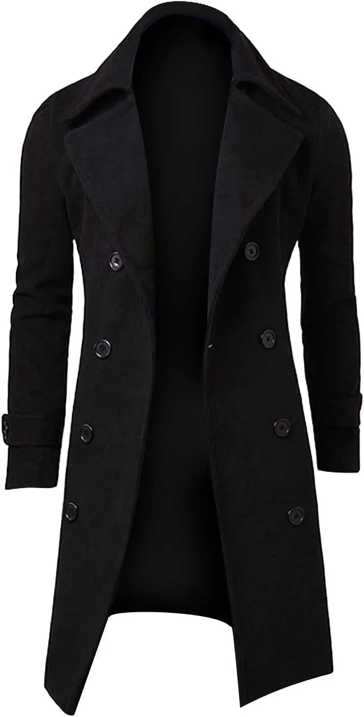 Trench Coats Men Winter,Wool Blend Slim Fit Lapel Double Breasted Pea Coat Classic Business Full Length Windbreaker