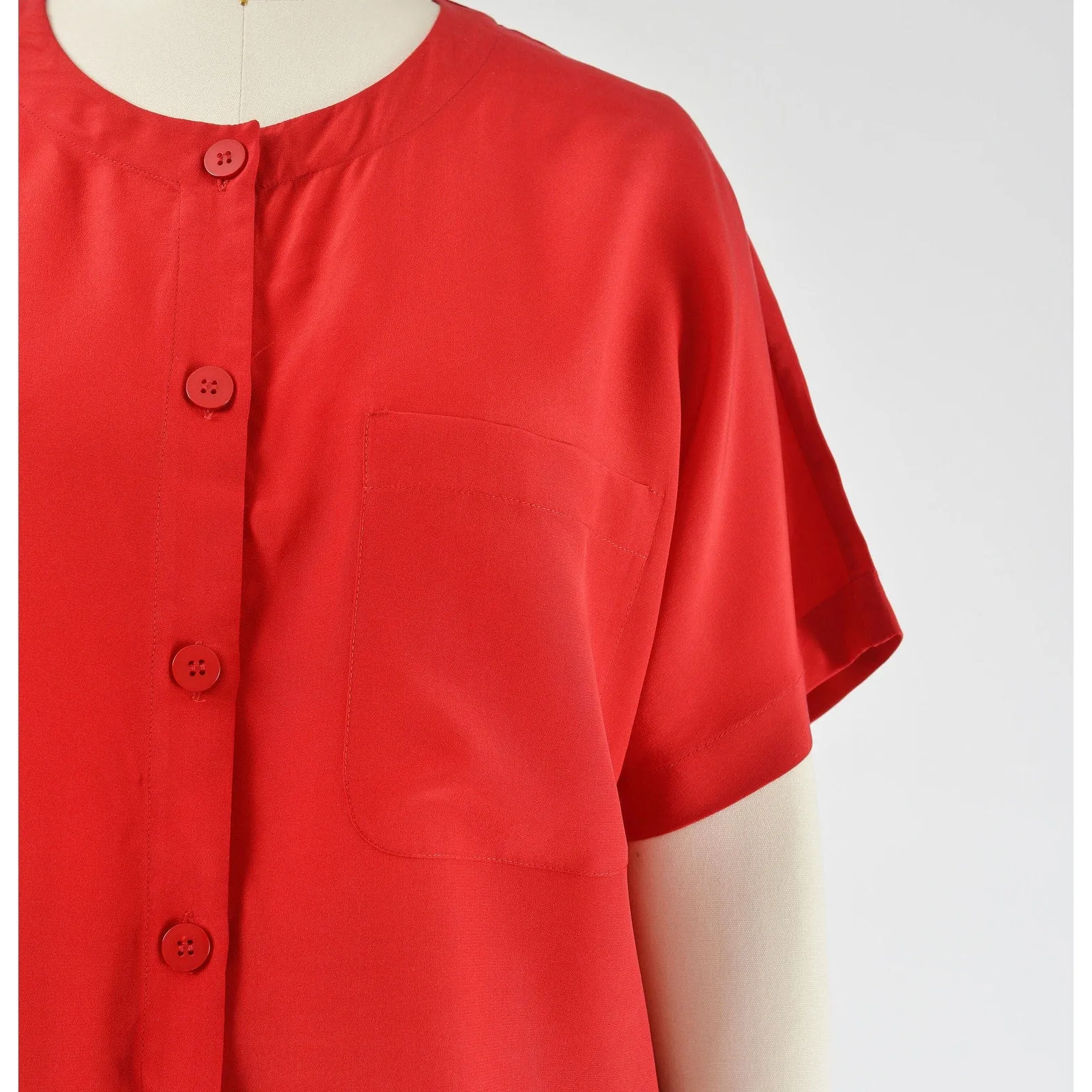 Vintage 90s Red Silk Blouse Classic Minimalist Short Sleeve Button Down Shirt M
