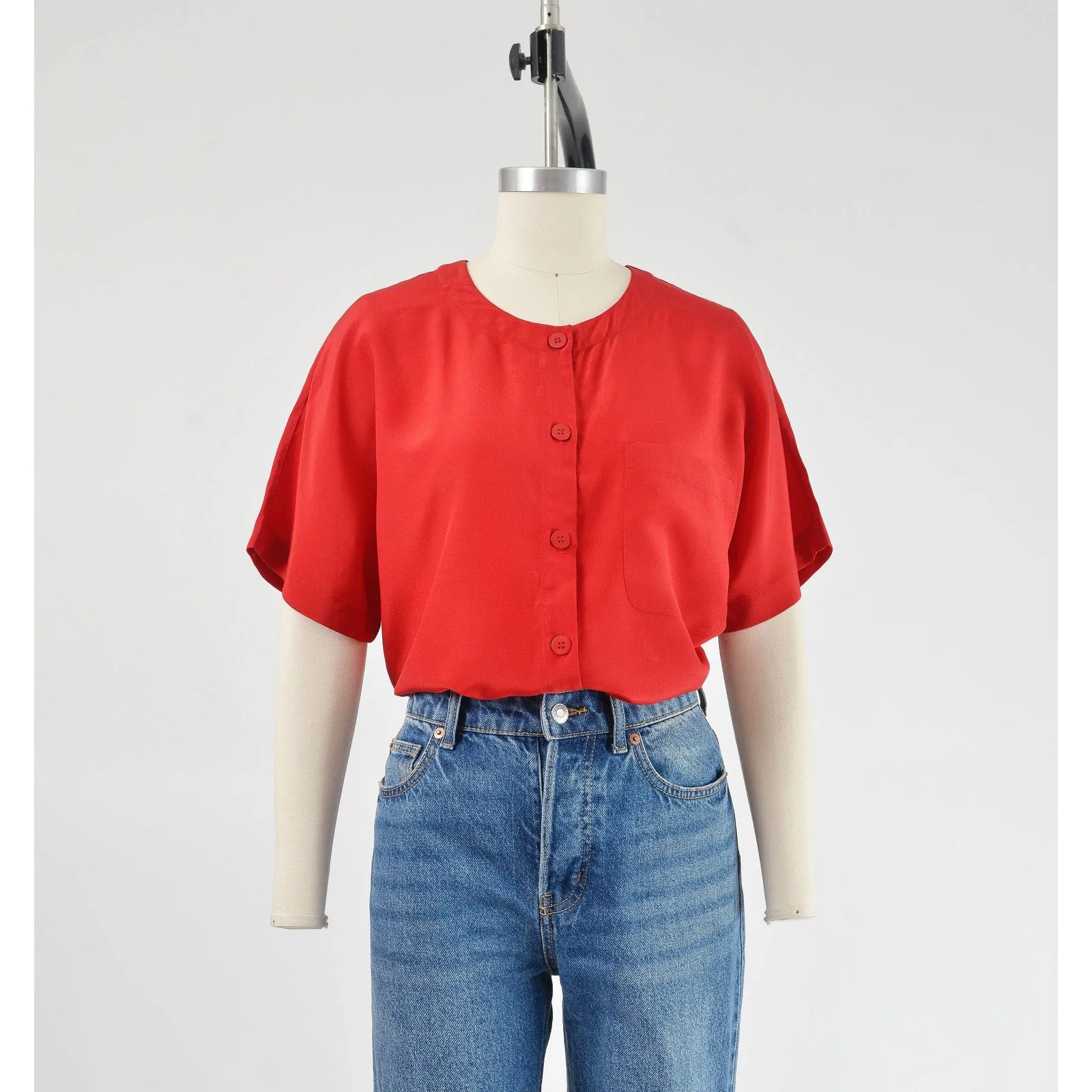 Vintage 90s Red Silk Blouse Classic Minimalist Short Sleeve Button Down Shirt M