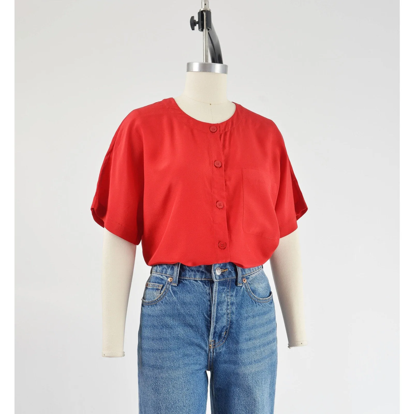 Vintage 90s Red Silk Blouse Classic Minimalist Short Sleeve Button Down Shirt M