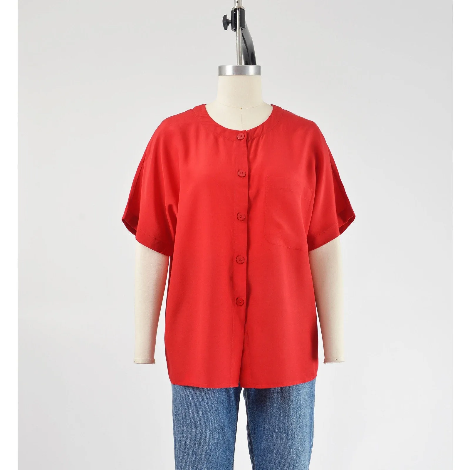 Vintage 90s Red Silk Blouse Classic Minimalist Short Sleeve Button Down Shirt M