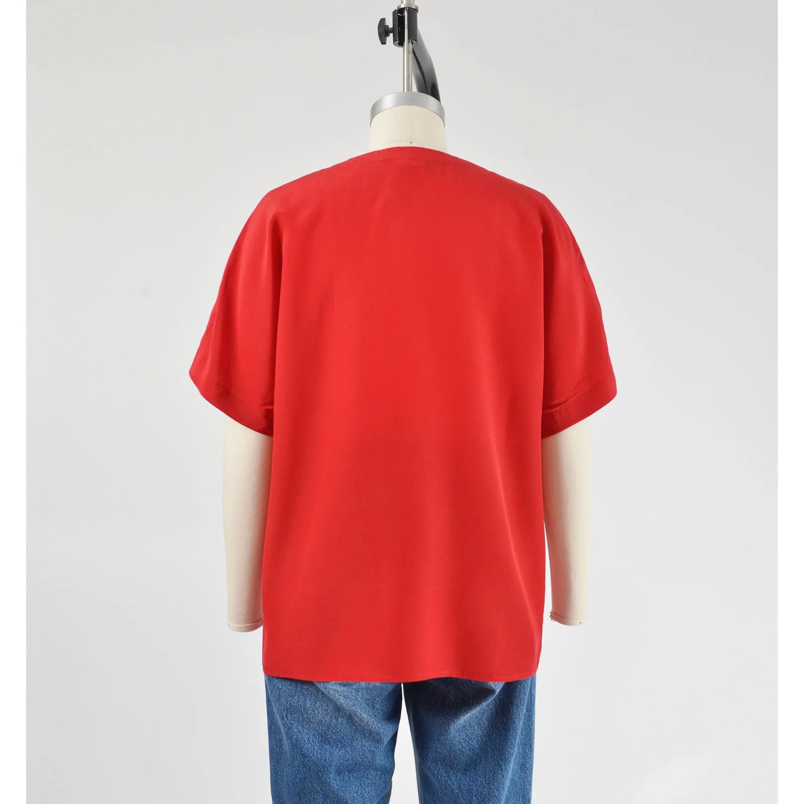Vintage 90s Red Silk Blouse Classic Minimalist Short Sleeve Button Down Shirt M