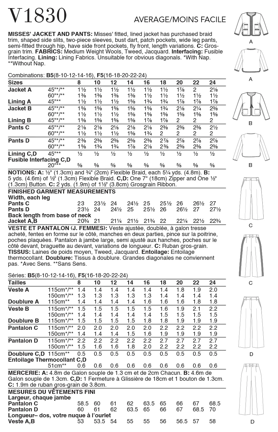 Vogue Sewing pattern 1830 Misses' Jacket and Pants
