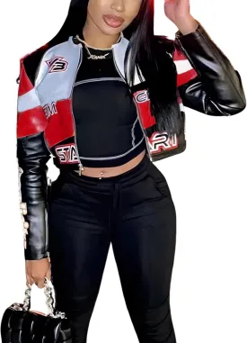 VOIKERDR Leather Jacket Women Zipper Moto Biker Short Leather Jacket Women Bomber Jacket Women Faux Leather Jacket
