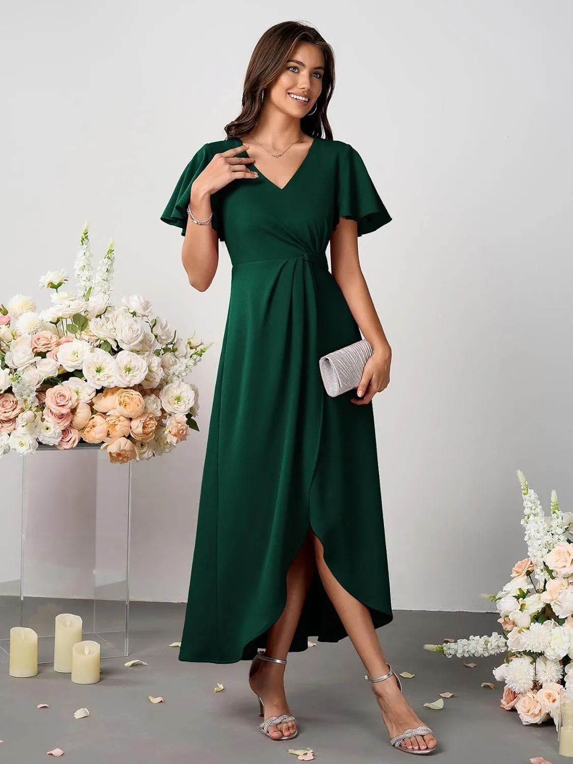 Women Formal Dresses Evening Party Cocktail Dress Split Elegant V Neck Wrap Ruffle Wedding Guest Dresses