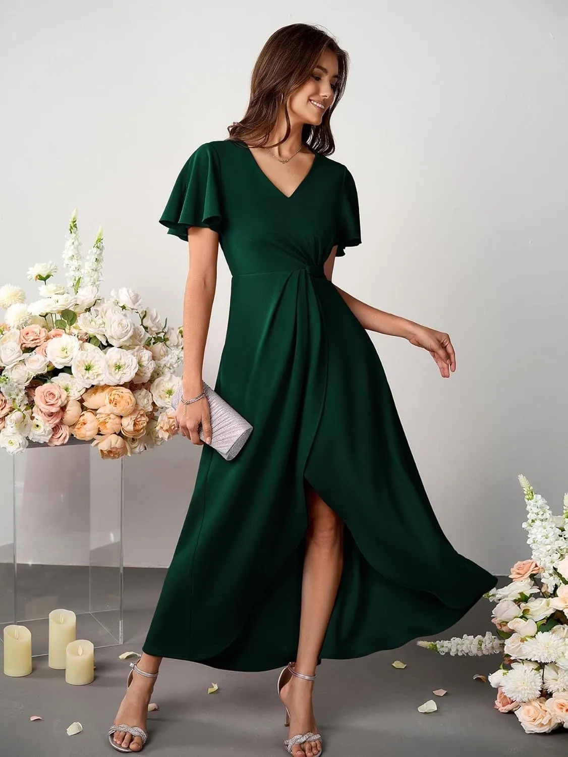 Women Formal Dresses Evening Party Cocktail Dress Split Elegant V Neck Wrap Ruffle Wedding Guest Dresses