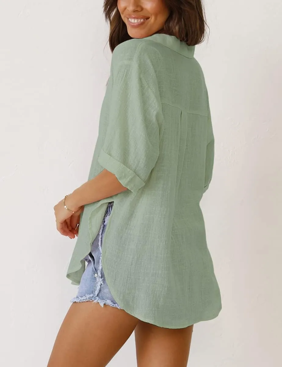 Womens Button Down Linen Shirts V Neck Roll Up Cuffed Sleeve Blouses Loose Collared Shirt Casual Formal Work Office Tops