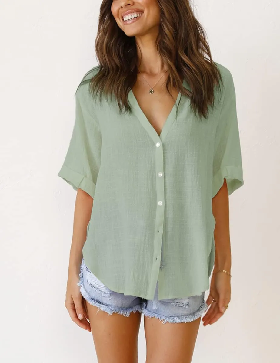 Womens Button Down Linen Shirts V Neck Roll Up Cuffed Sleeve Blouses Loose Collared Shirt Casual Formal Work Office Tops