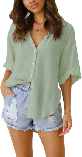Womens Button Down Linen Shirts V Neck Roll Up Cuffed Sleeve Blouses Loose Collared Shirt Casual Formal Work Office Tops