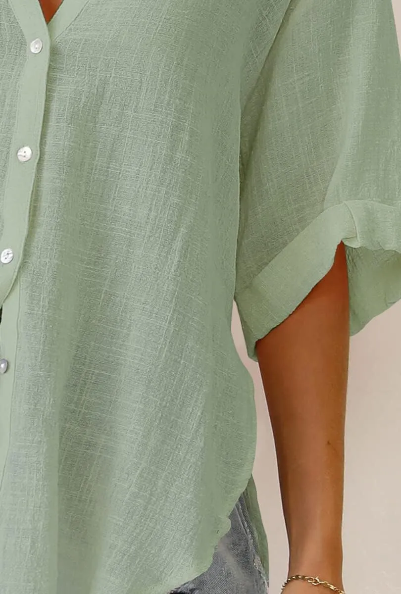 Womens Button Down Linen Shirts V Neck Roll Up Cuffed Sleeve Blouses Loose Collared Shirt Casual Formal Work Office Tops
