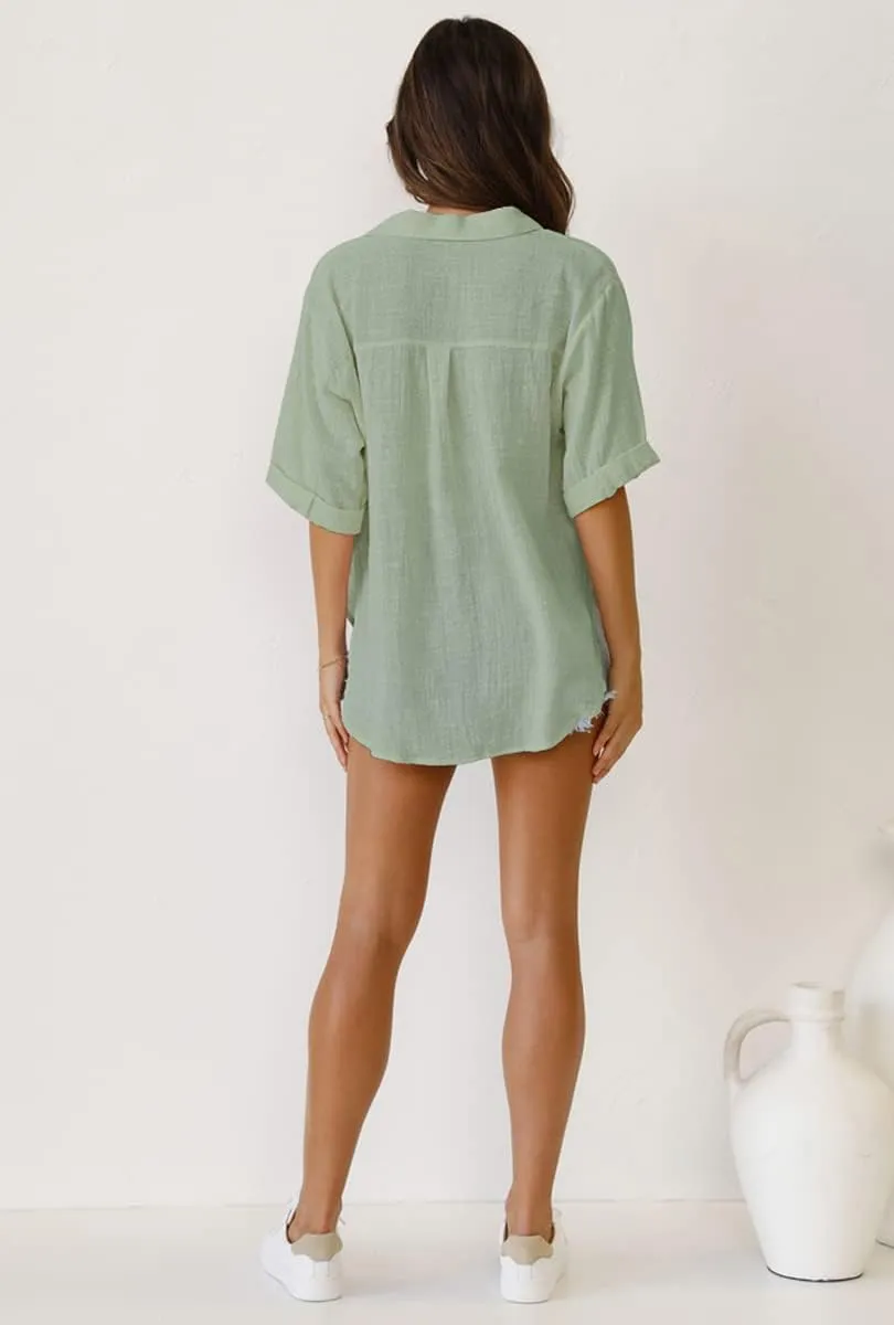 Womens Button Down Linen Shirts V Neck Roll Up Cuffed Sleeve Blouses Loose Collared Shirt Casual Formal Work Office Tops