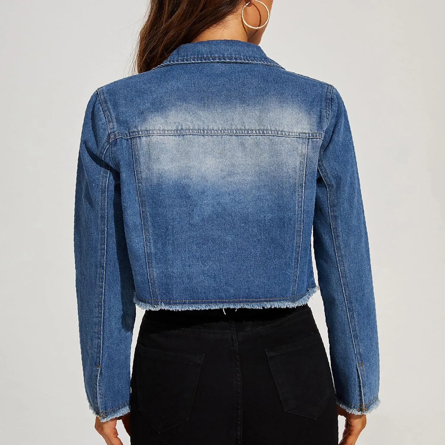 Women's Casual Denim Cropped Jackets Long Sleeve Button Down Frayed Hem Vintage Coats Fashion Fall Jean Jacket