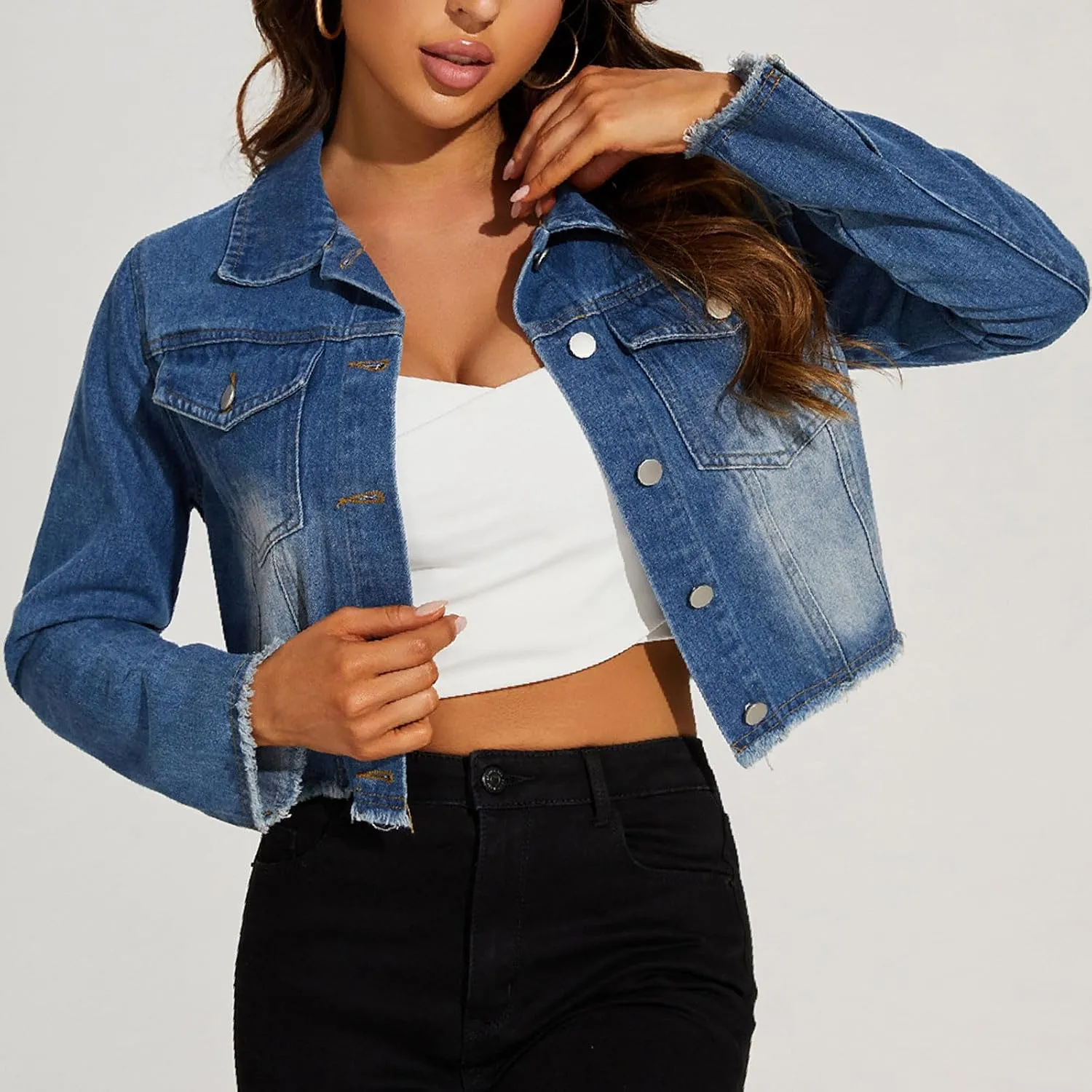 Women's Casual Denim Cropped Jackets Long Sleeve Button Down Frayed Hem Vintage Coats Fashion Fall Jean Jacket