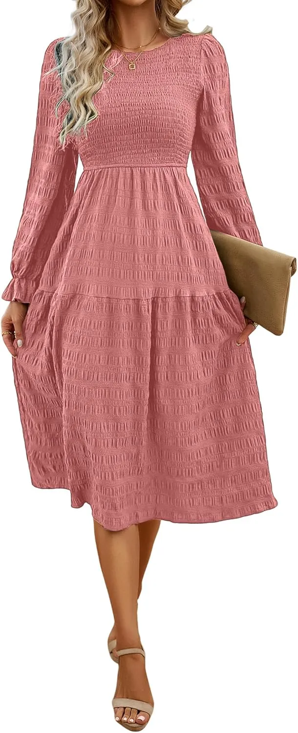 Women's Fall Long Sleeve Maxi Dresses 2024 Casual Crew Neck Empire Waist Tiered Flowy A Line Wedding Guest Dress