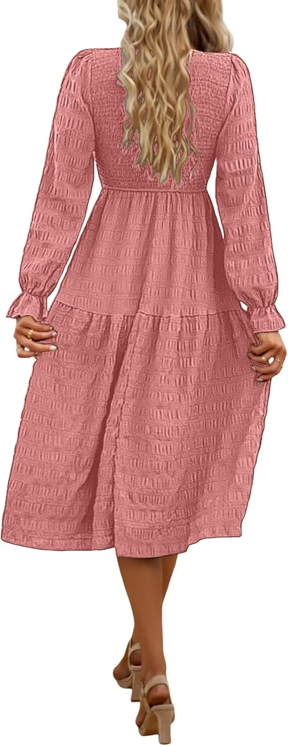 Women's Fall Long Sleeve Maxi Dresses 2024 Casual Crew Neck Empire Waist Tiered Flowy A Line Wedding Guest Dress