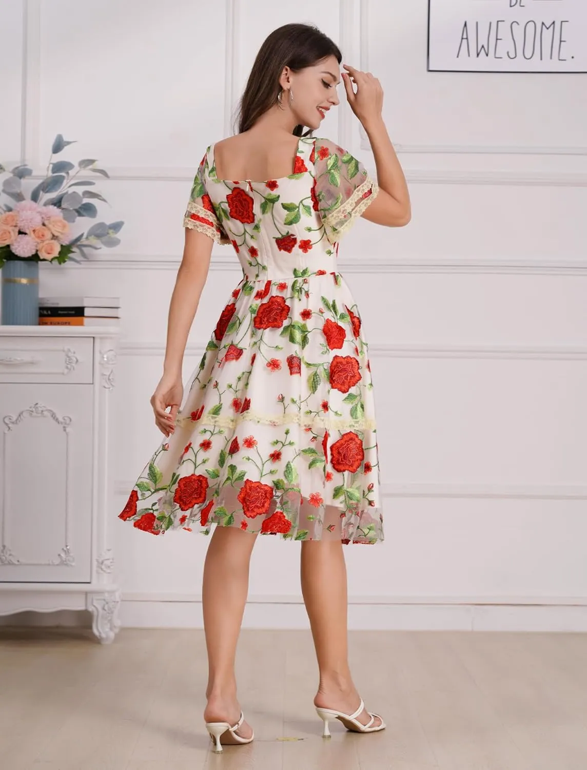 Womens Floral Tulle Prom Dresses Square Neck Flower Embroidery Dress Short Formal Party Mini Homecoming Dresses