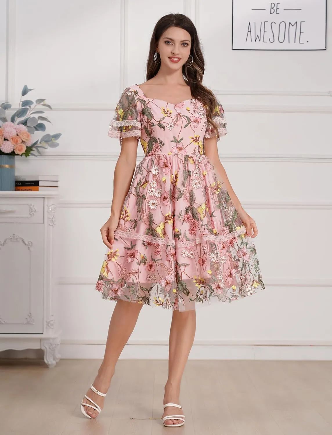 Womens Floral Tulle Prom Dresses Square Neck Flower Embroidery Dress Short Formal Party Mini Homecoming Dresses