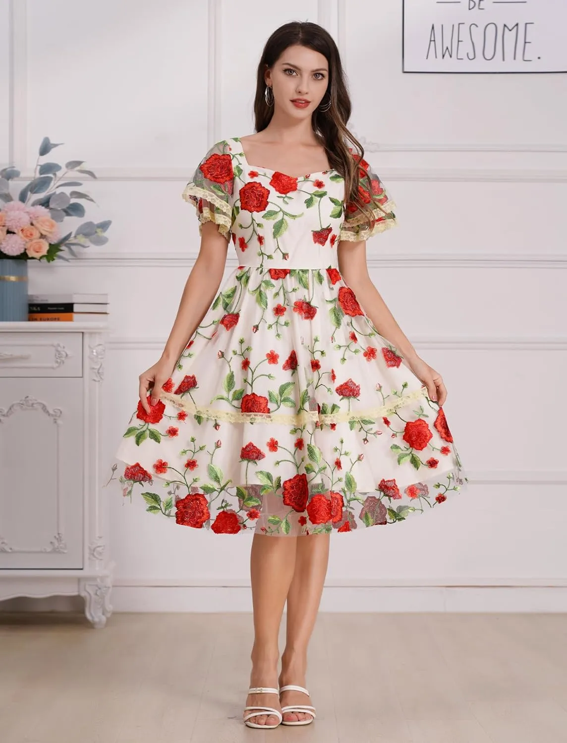 Womens Floral Tulle Prom Dresses Square Neck Flower Embroidery Dress Short Formal Party Mini Homecoming Dresses