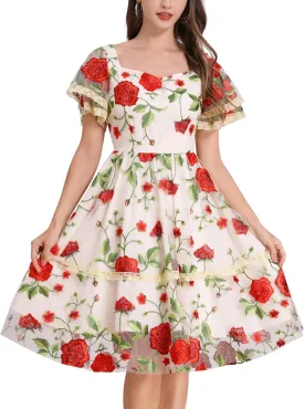 Womens Floral Tulle Prom Dresses Square Neck Flower Embroidery Dress Short Formal Party Mini Homecoming Dresses