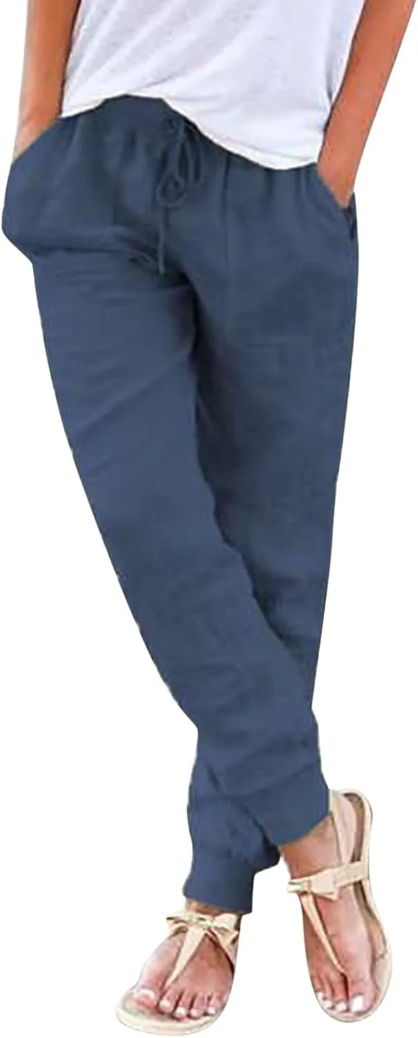 Womens Linen Jogger Pants Summer Casual Tapered Leg Pant Lightweight Elastic Waist Joggers Comfy Lounge Trousers