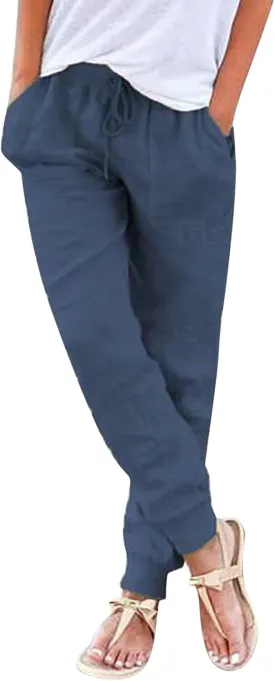 Womens Linen Jogger Pants Summer Casual Tapered Leg Pant Lightweight Elastic Waist Joggers Comfy Lounge Trousers