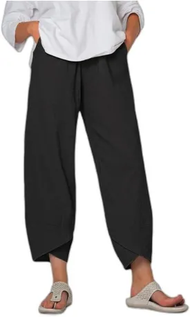 Women's Linen Wide Leg Pants with Pockets, Summer Elastic Casual Loose Beach Palazzo Boho Nine-Point Harem Trousers