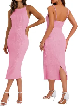 Women's Spaghetti Strap Bodycon Dress Sleeveless Knit Slit Midi Dresses Backless Cocktail Party Sexy Dress