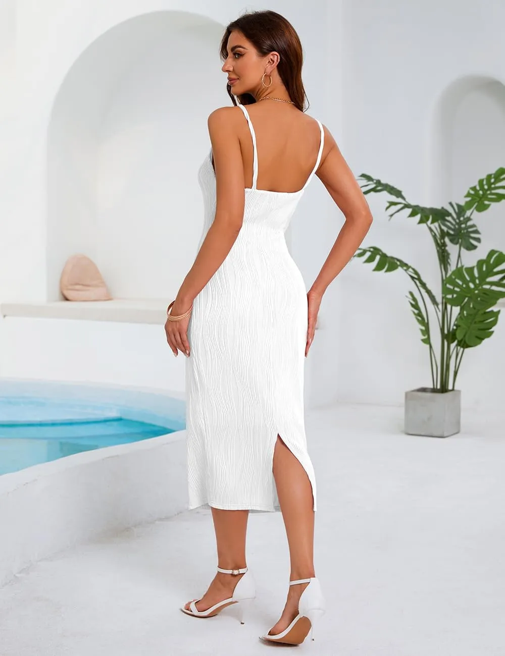Women's Spaghetti Strap Bodycon Dress Sleeveless Knit Slit Midi Dresses Backless Cocktail Party Sexy Dress