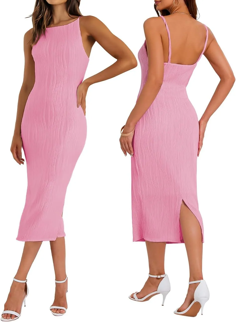 Women's Spaghetti Strap Bodycon Dress Sleeveless Knit Slit Midi Dresses Backless Cocktail Party Sexy Dress