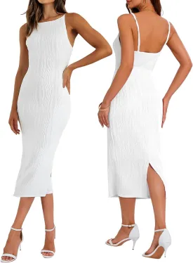 Women's Spaghetti Strap Bodycon Dress Sleeveless Knit Slit Midi Dresses Backless Cocktail Party Sexy Dress
