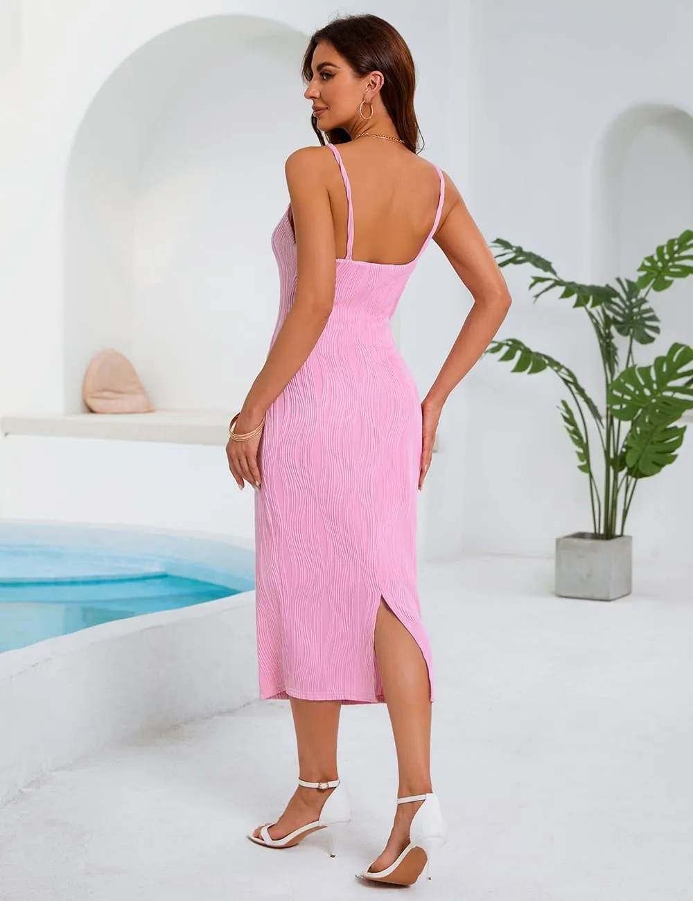 Women's Spaghetti Strap Bodycon Dress Sleeveless Knit Slit Midi Dresses Backless Cocktail Party Sexy Dress
